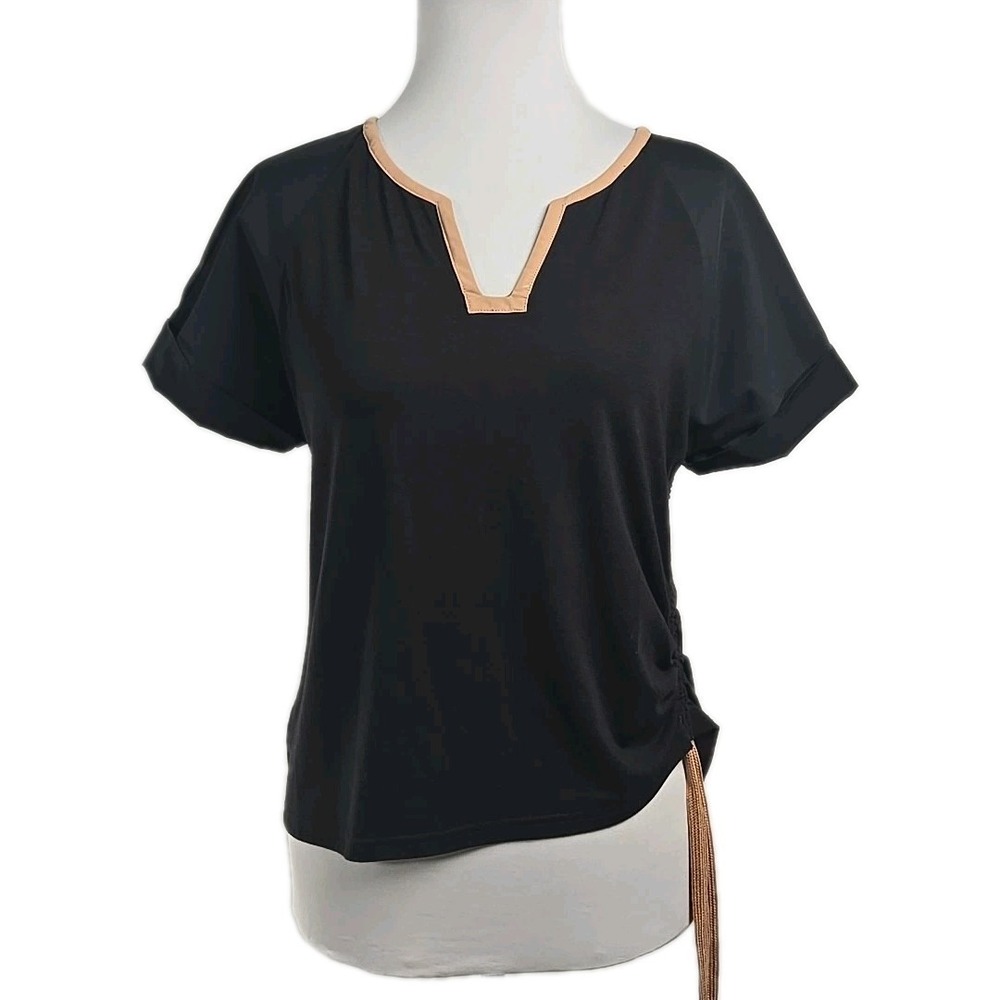 LYSSE' Black‎ Nylon & Jersey Contrast V-neck Ruched Top Blouse Size Small S